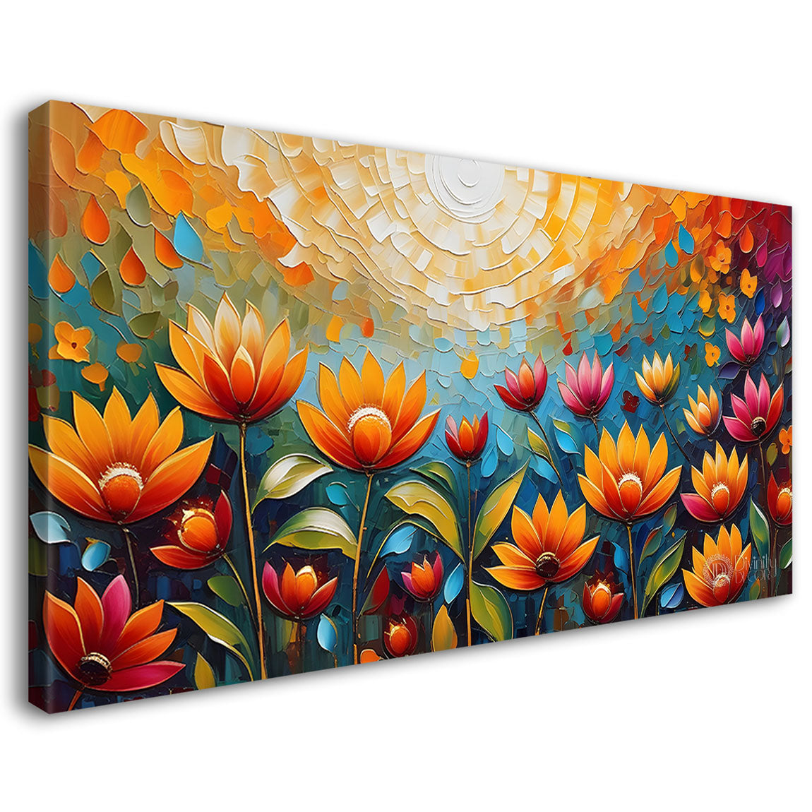 Colorful flowers with sun textured painting Canvas Painting - Nature Art -734