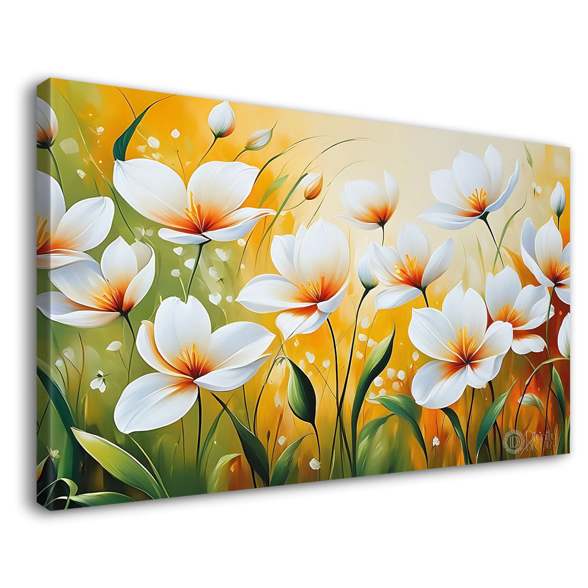 White flowers in yellow background canvas painting- Flower-735