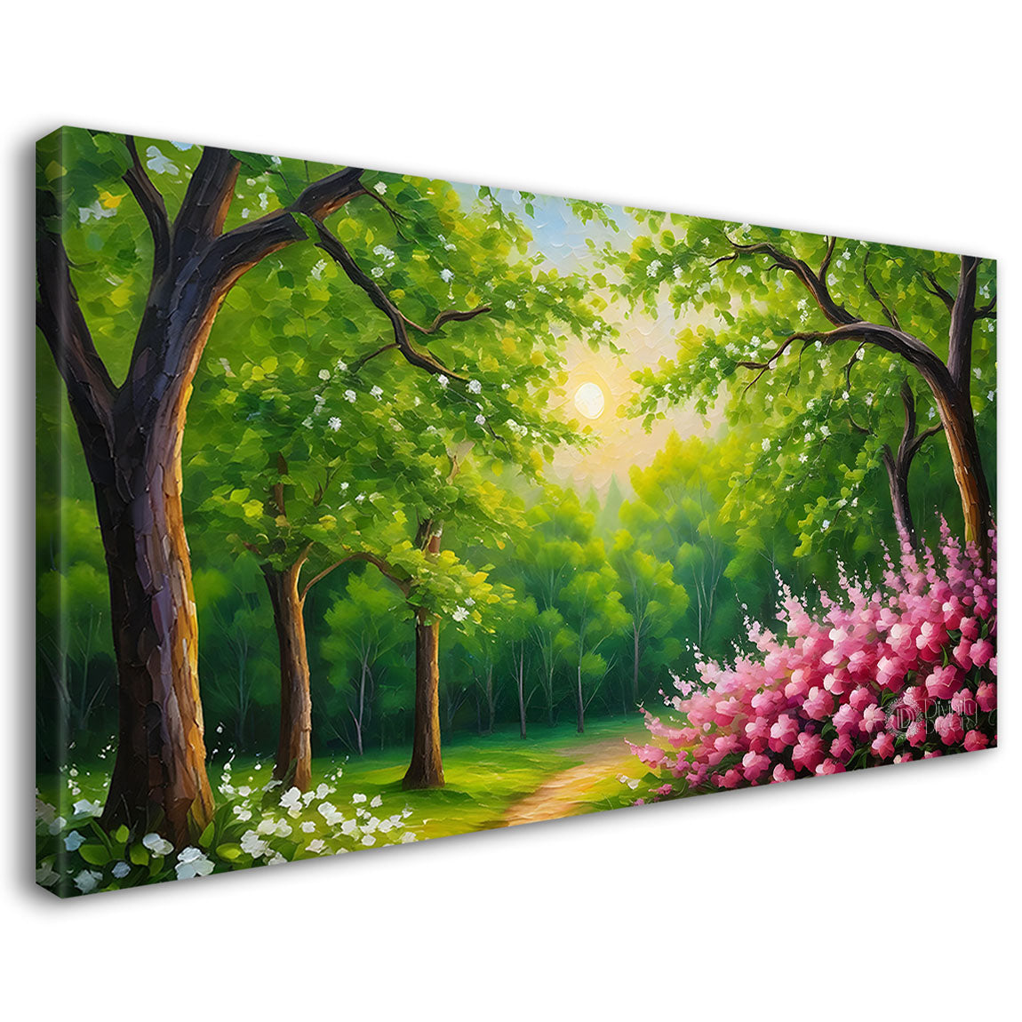 Green trees with pink flowers painting Canvas Painting - Nature Art -736