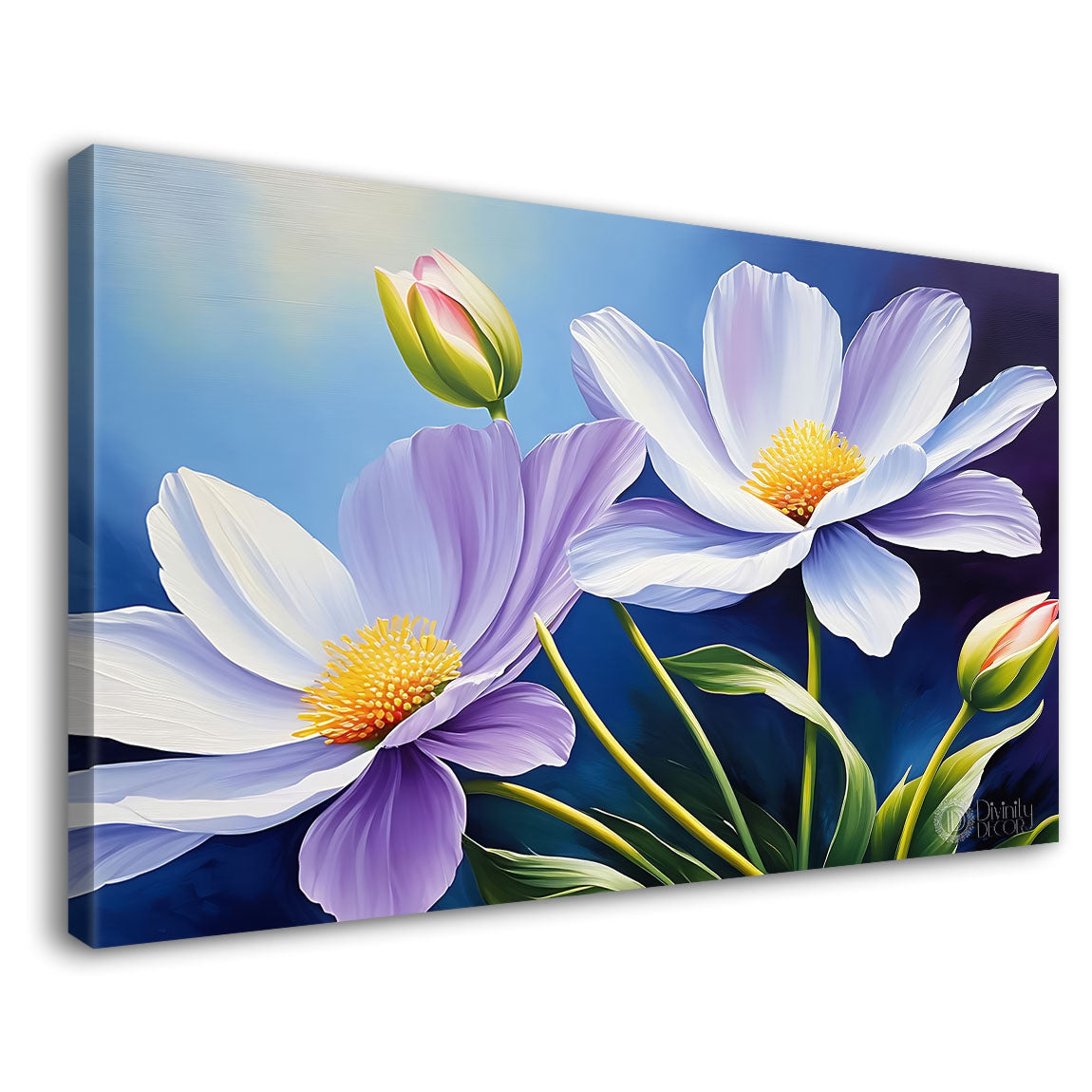 Purple flowers in blue background canvas painting- Flower-737