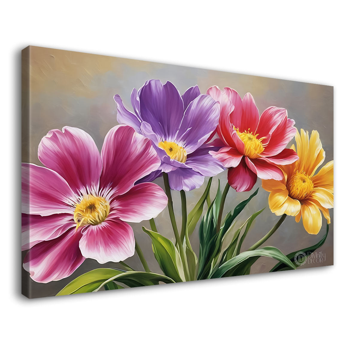 Colorful flowers in grey background canvas painting- Flower-738