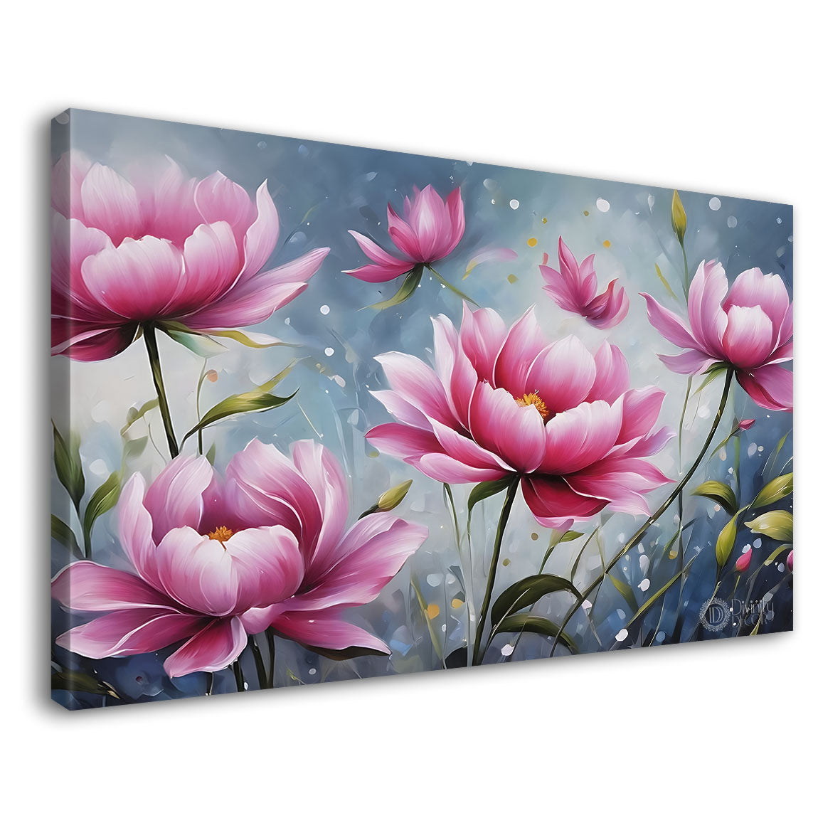 Pink flowers in grey background canvas painting- Flower-739