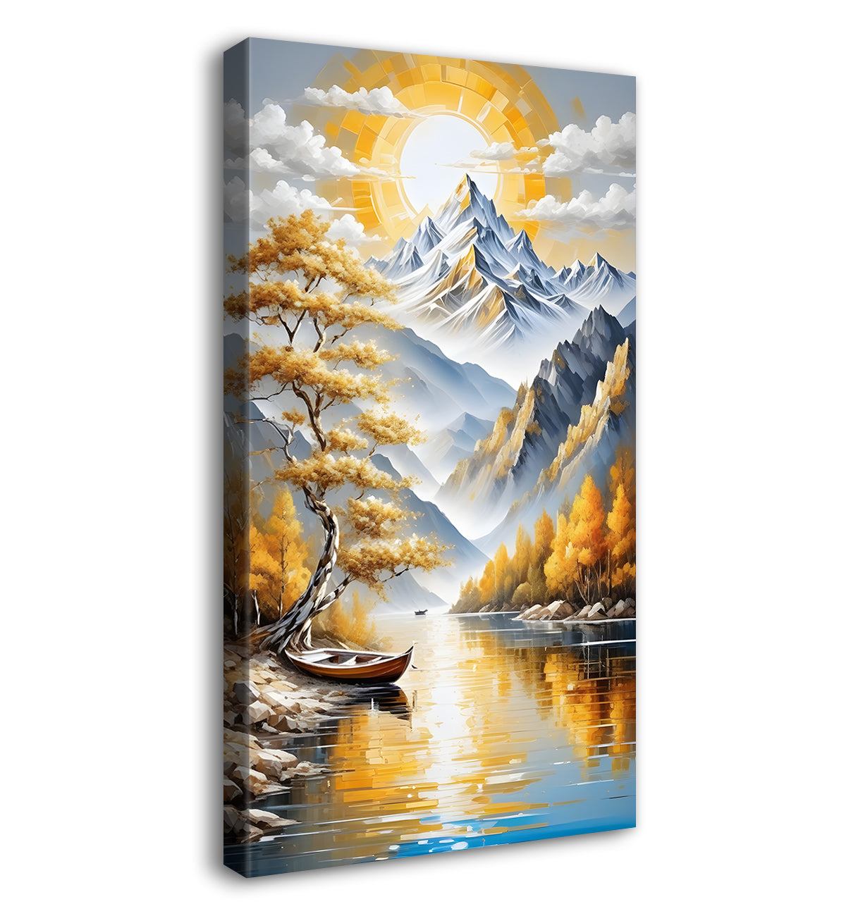 Golden trees with lake and white mountains textured painting Canvas Painting - Nature Art -V-73