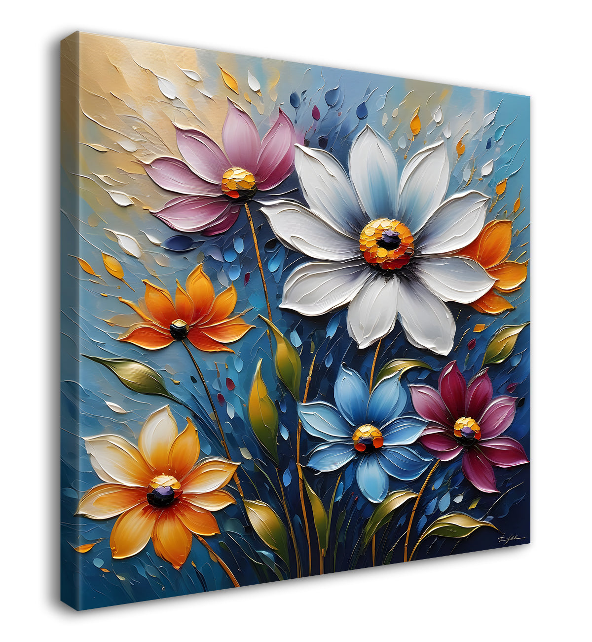 Colourful flowers in blue background  textured painting  - Flower-S-73