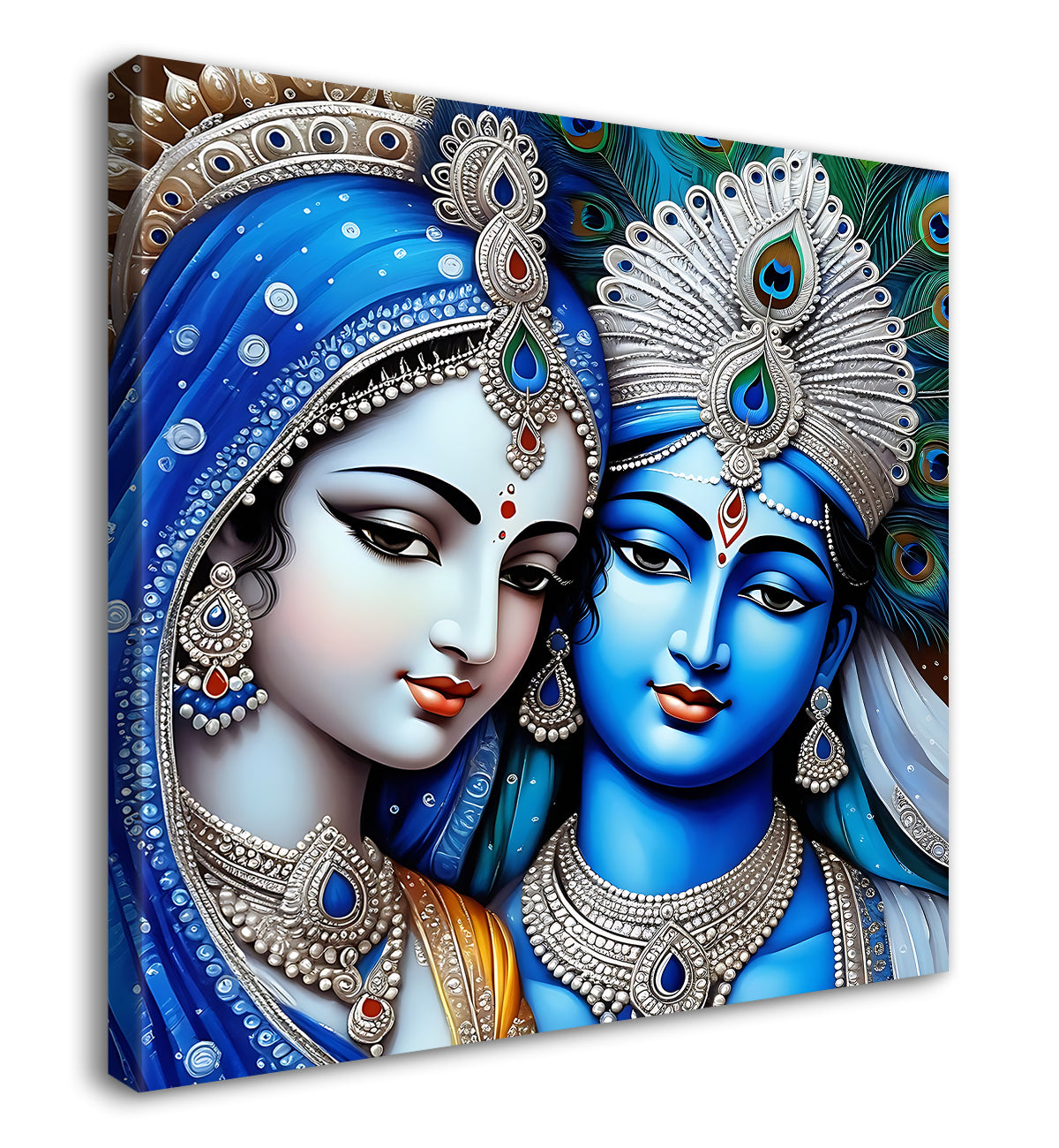 Blue face of Krishna and Radha with blue textured in oil Canvas Painting 24X24- Design - Krishna-S-73