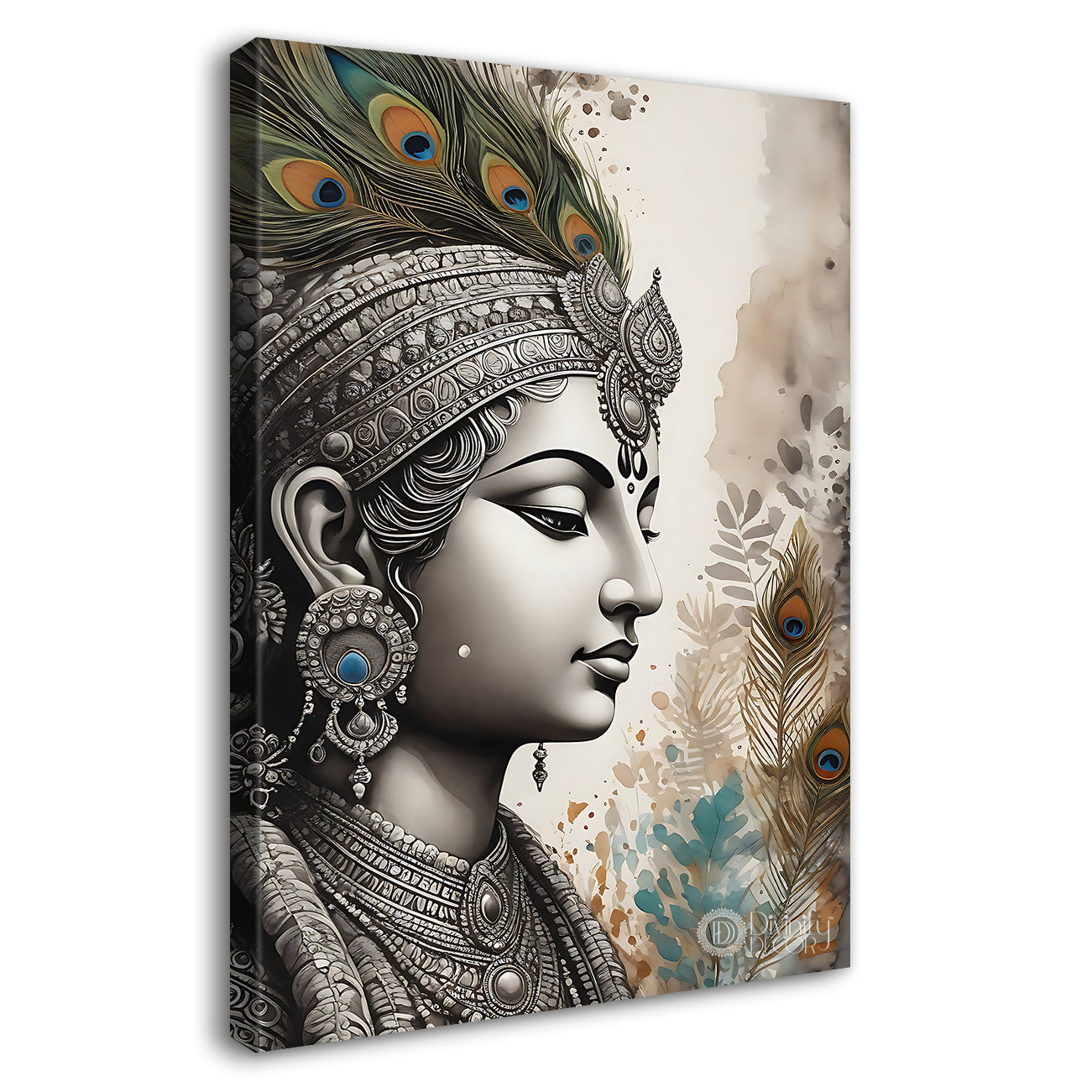 Krishna in grey and light brown water colour textured art Canvas Painting - Design - Krishna-V-73