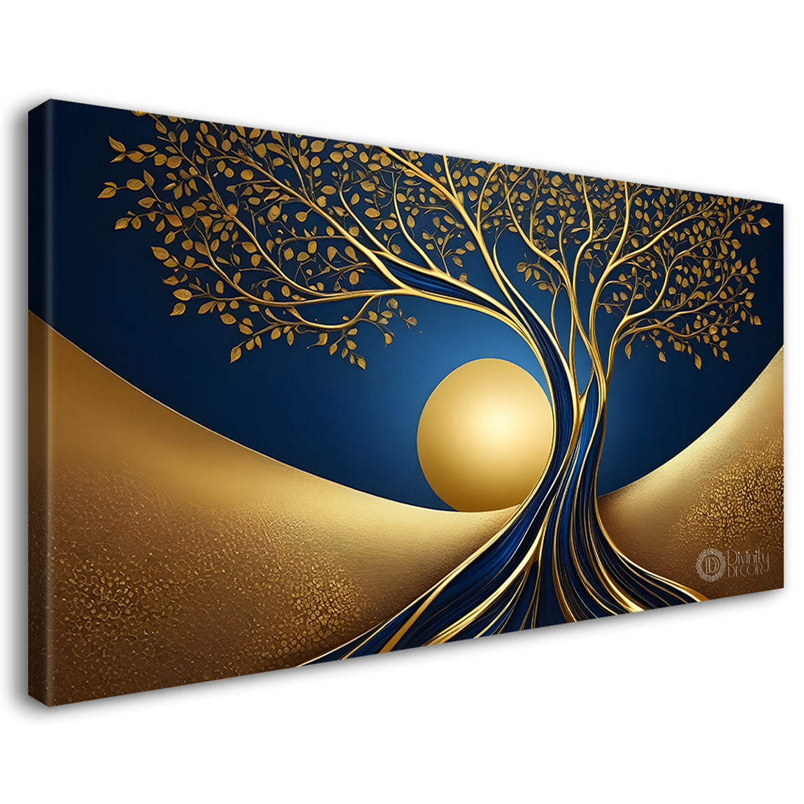 Golden tree in dark blue textured background modern art Canvas Painting - Design - Tree-73