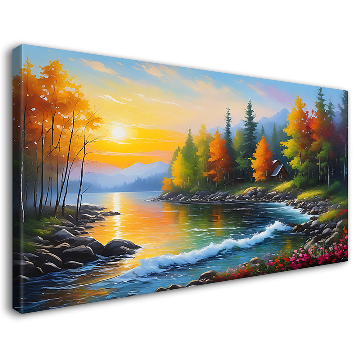 Mountain with lake and colorful trees in textured natural art Canvas Painting - Nature Art -73