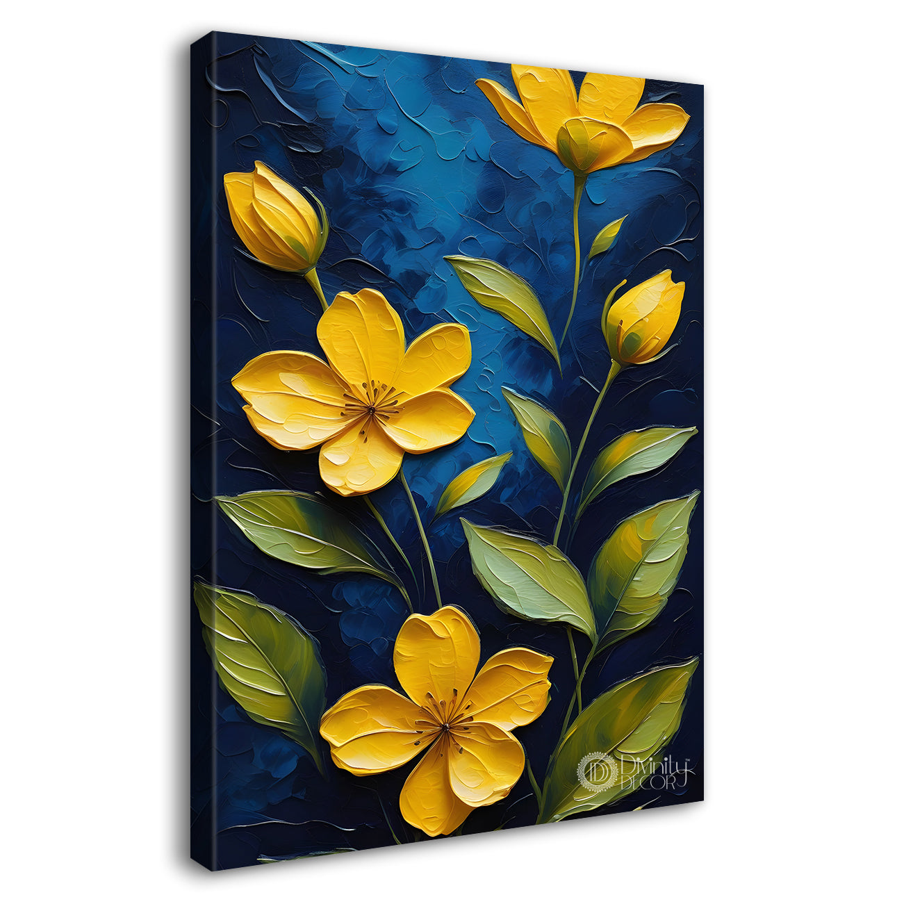 Yellow flowers in navy blue textured background painting - Flower-V-73