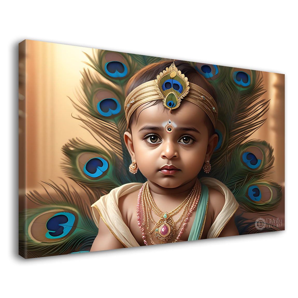 Baby with peacock feathers painting Canvas Painting - Design - Krishna-74