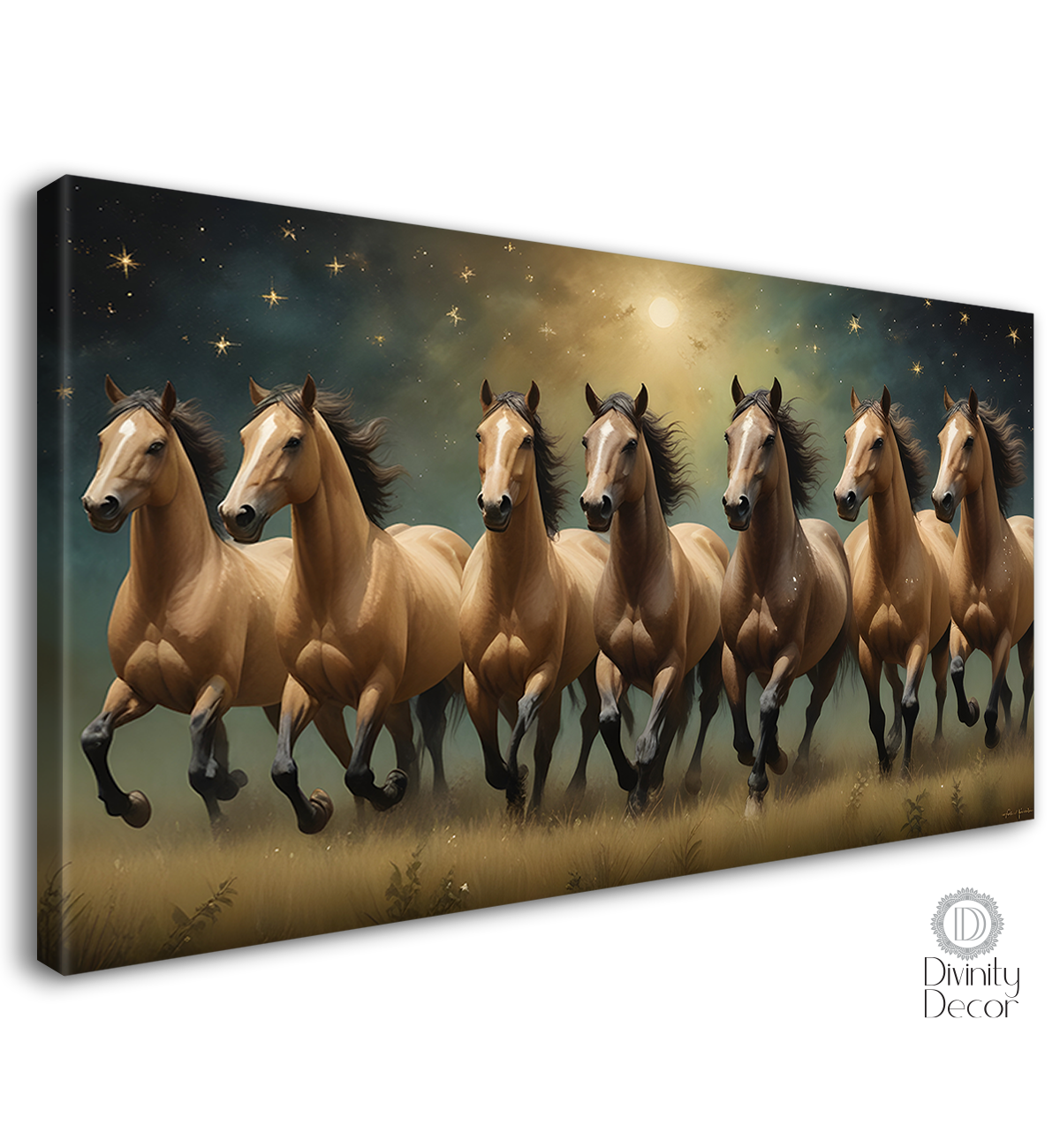 Brown running horses on the grass with yellow stars and dark textured background art Canvas Painting - Design - Horse-74