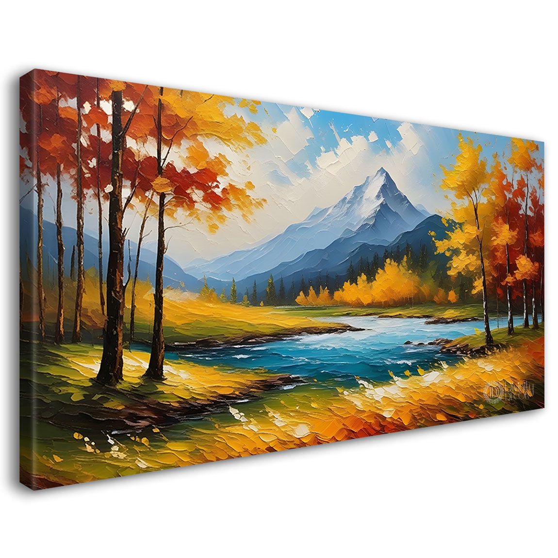 Mountains with orange trees and lake painting Canvas Painting - Nature Art -740