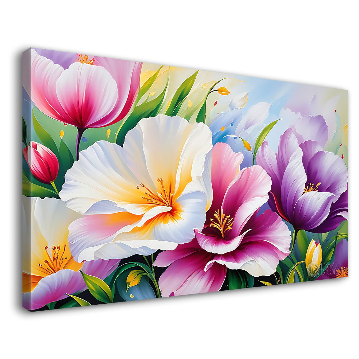 Colorful flowers in white background canvas painting- Flower-741