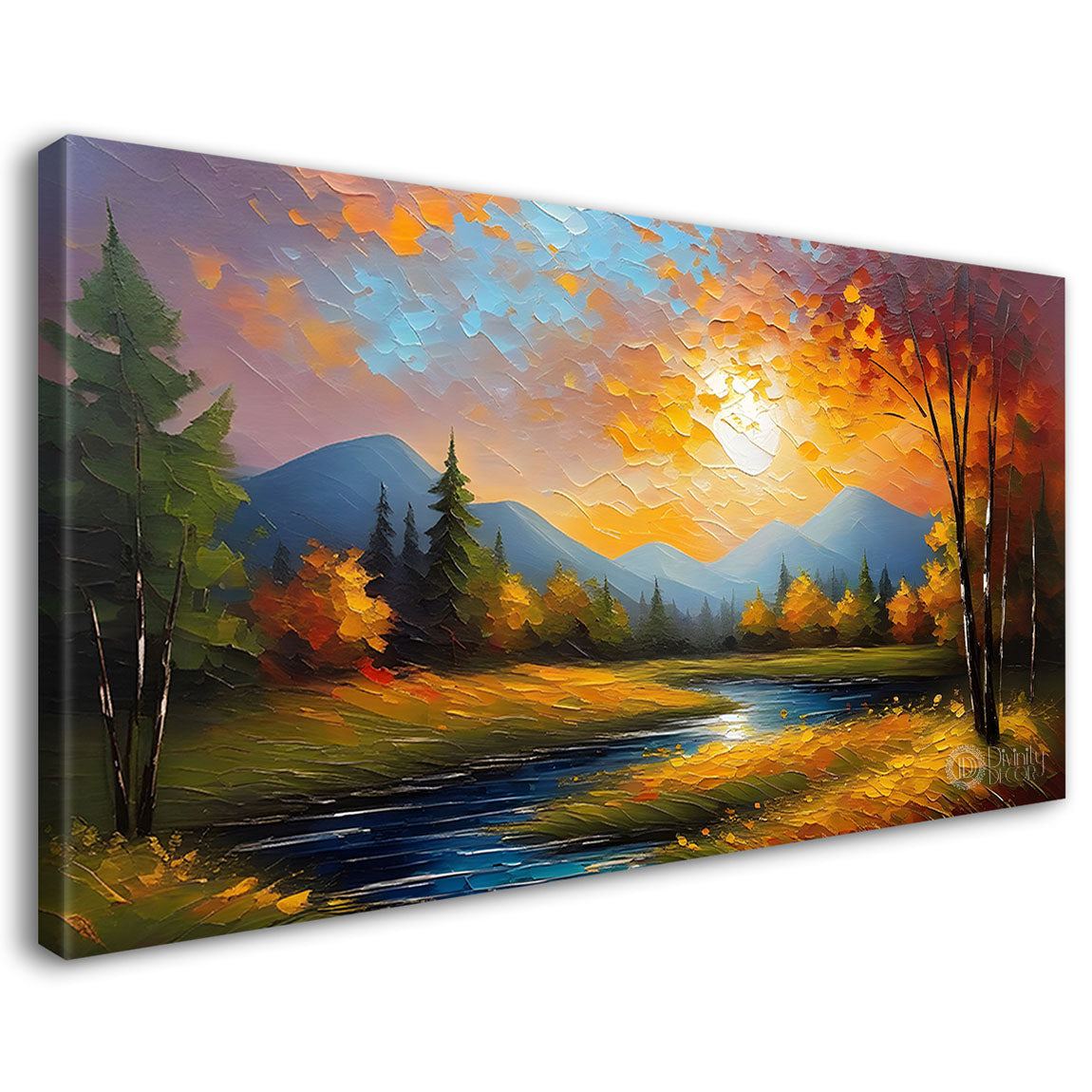 Sunset with trees and lake painting Canvas Painting - Nature Art -741