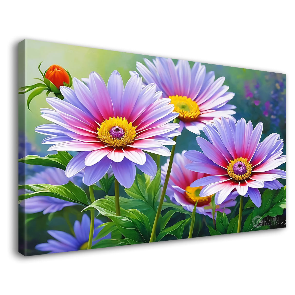 Purple flowers in green background canvas painting- Flower-743