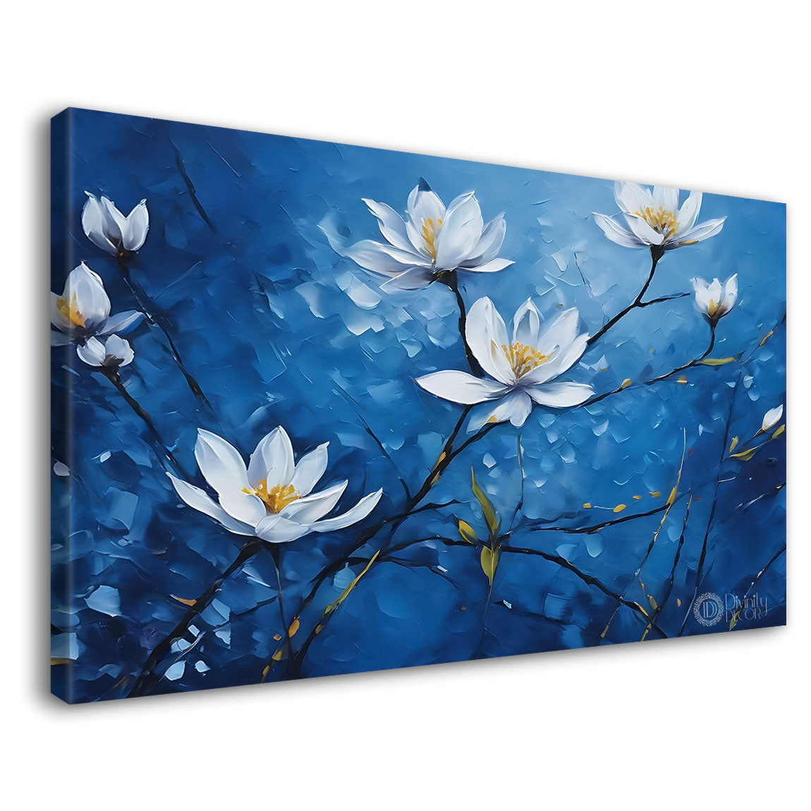 White flowers in navy blue background canvas painting- Flower-744