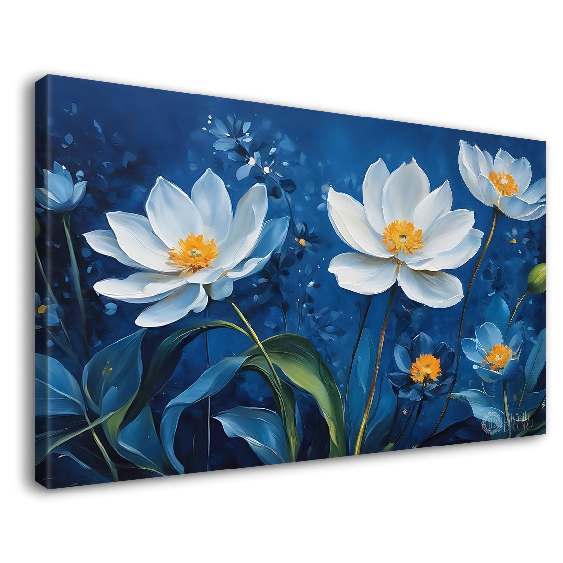 White flowers in navy blue background canvas painting- Flower-745