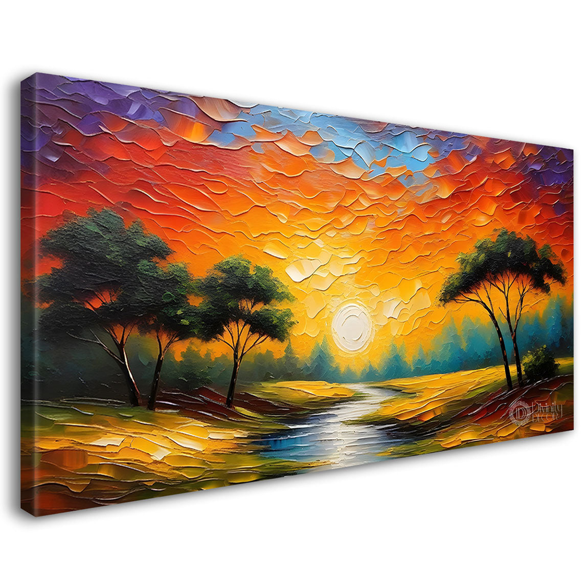 Trees with lake and sunset Canvas Painting - Nature Art -745