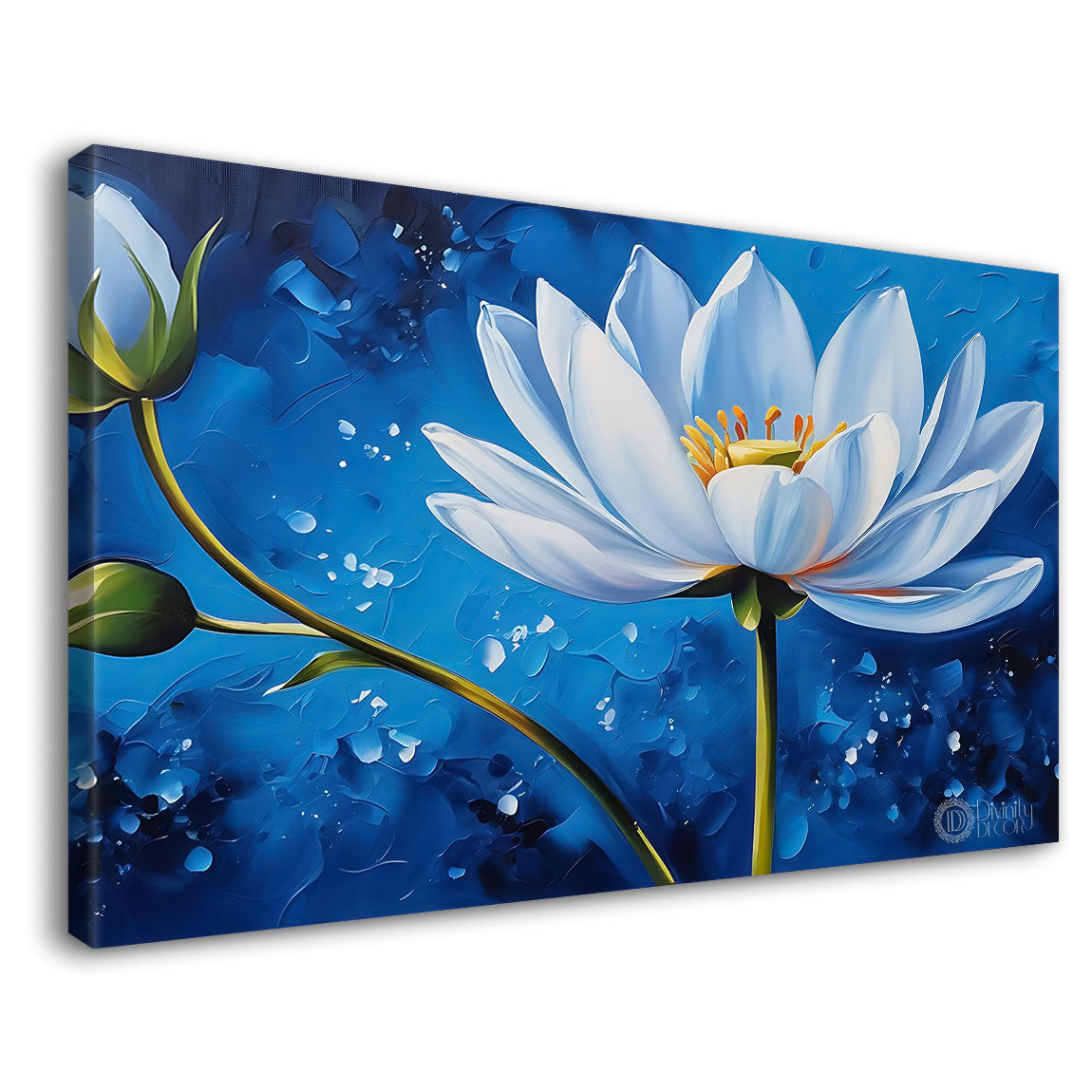 White flowers in navy blue background canvas painting- Flower-747