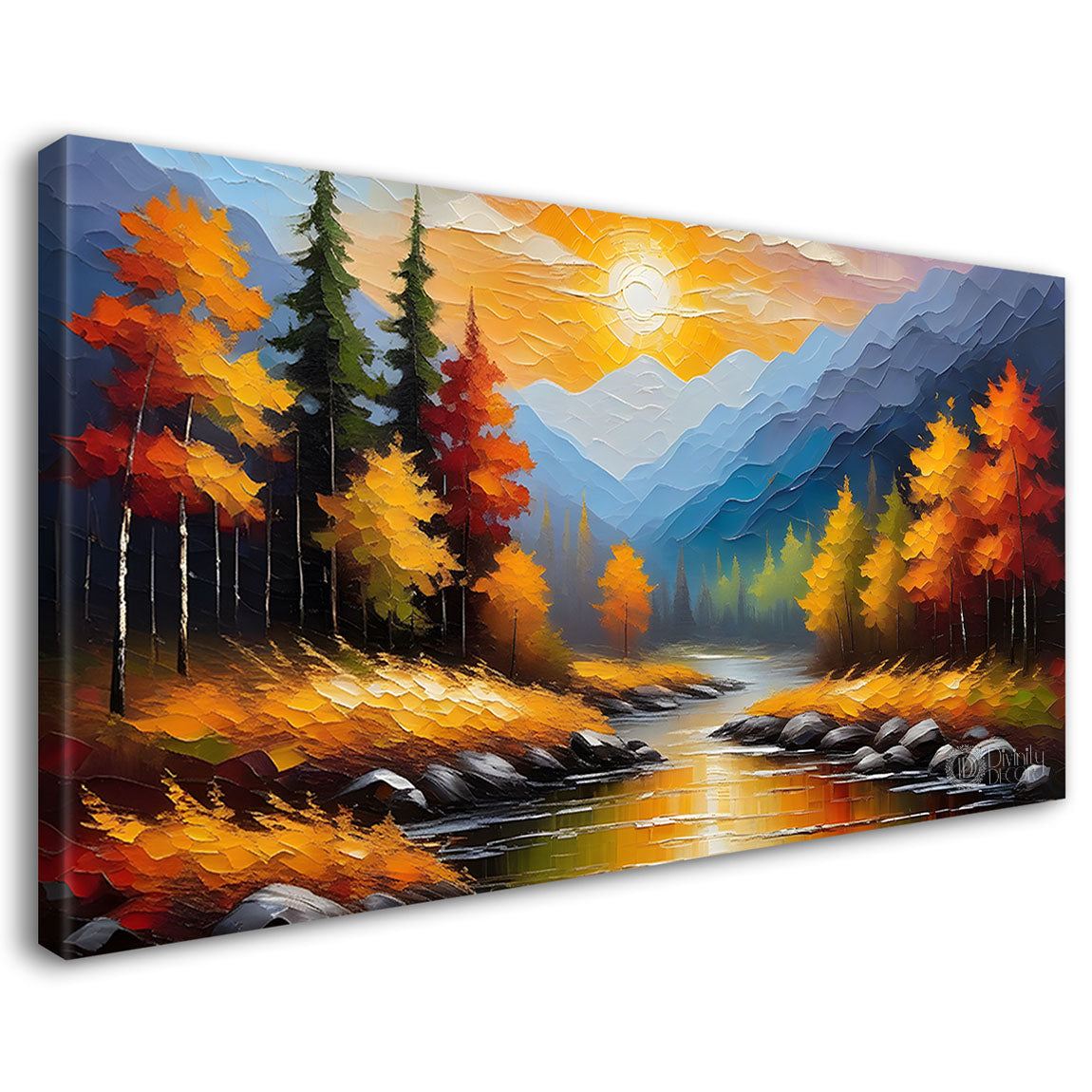 Trees with mountains and river with sunrise painting Canvas Painting - Nature Art -747