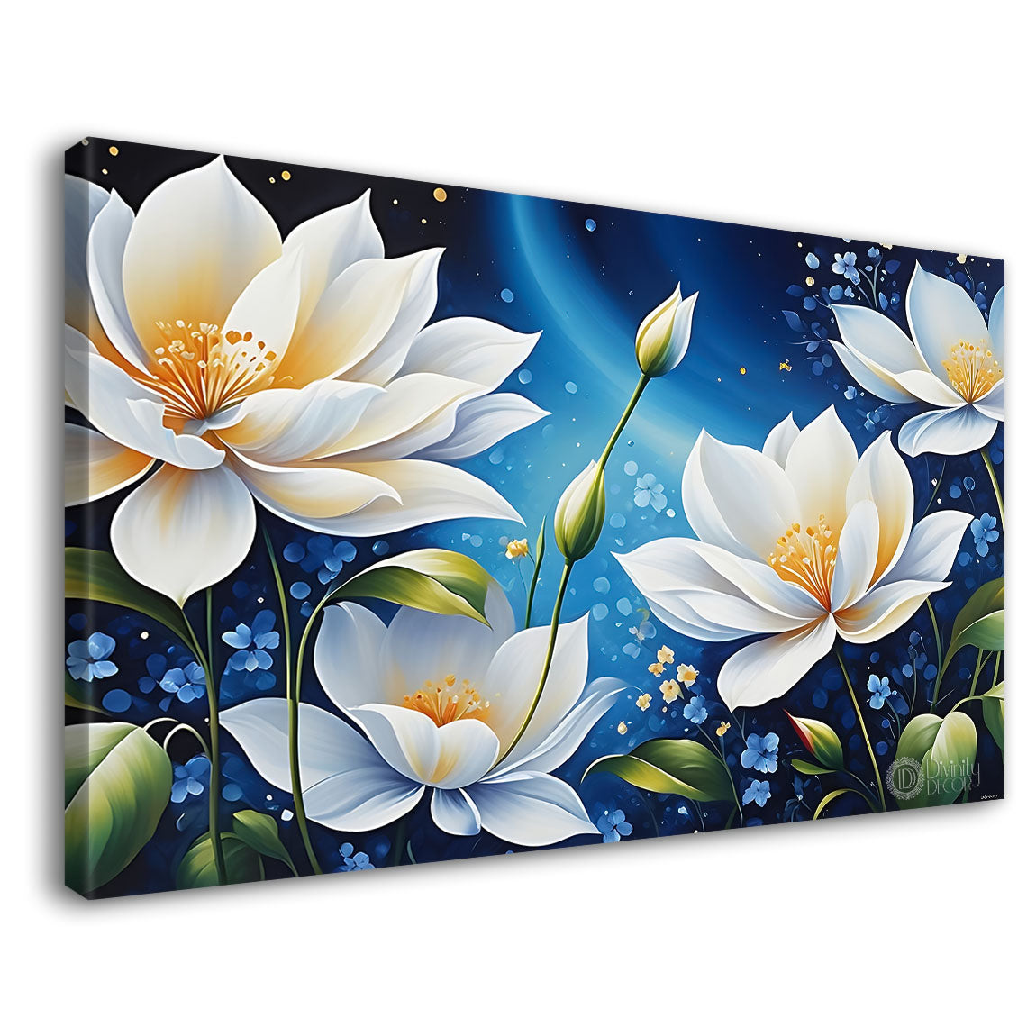 White flowers in navy blue background canvas painting- Flower-749