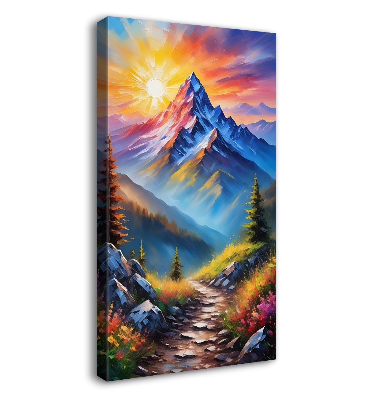 Mountians with colourful greenery with sunrise textured painting Canvas Painting - Nature Art -V-74