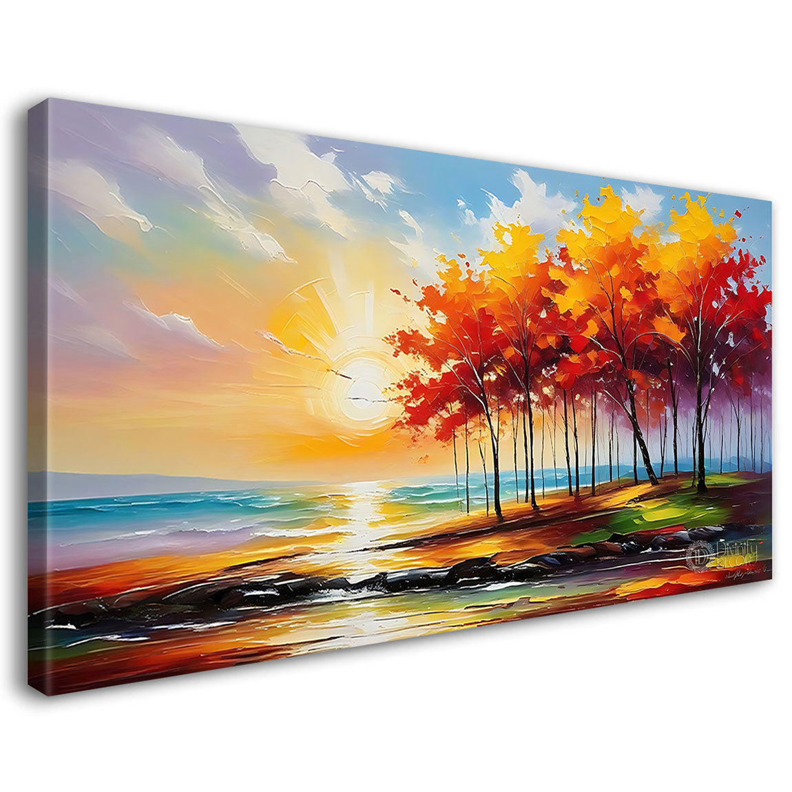 Orange trees with sunrise in textured natural art Canvas Painting - Nature Art -74