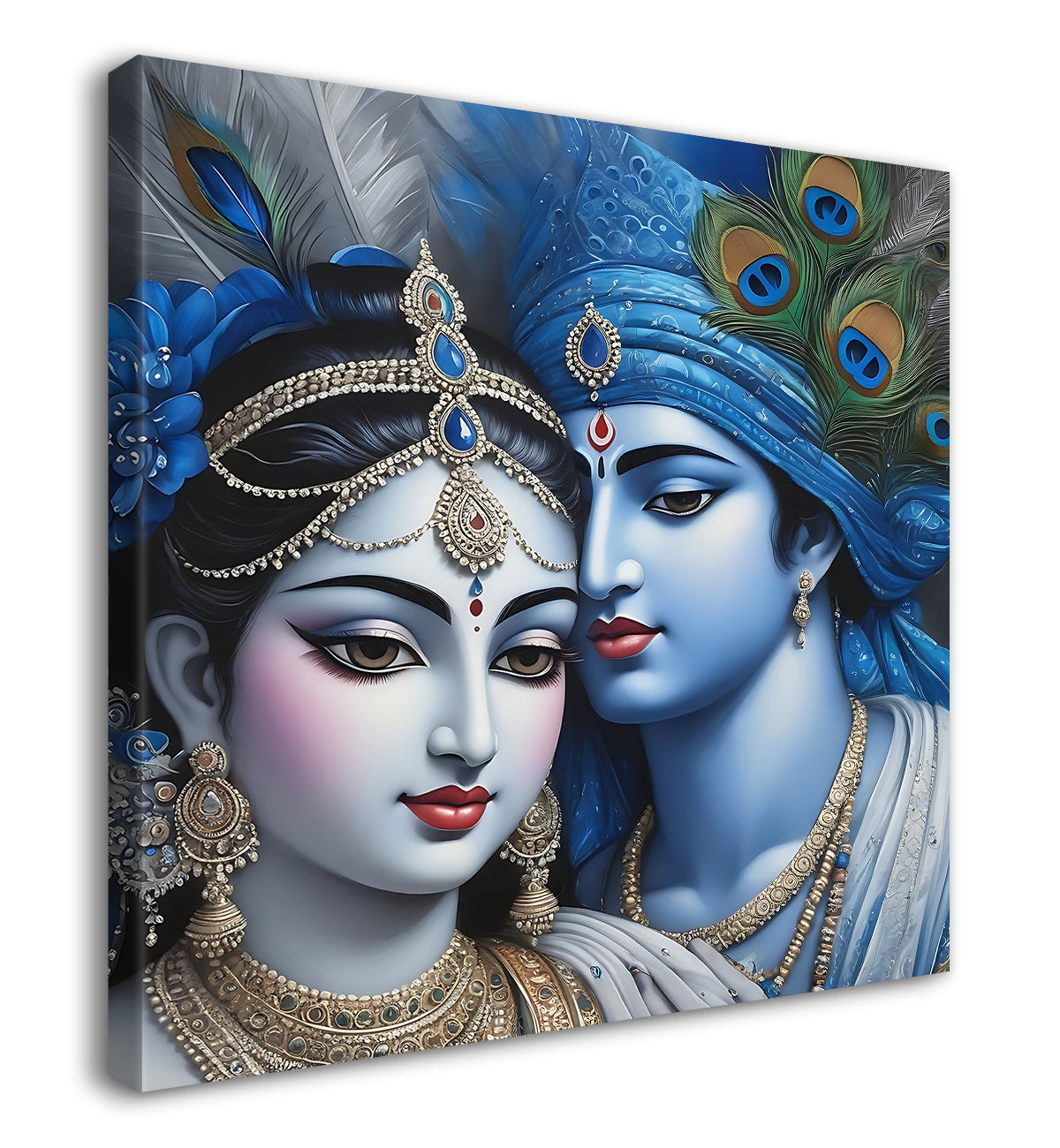Blue face of Krishna and Radha with blue textured in oil Canvas Painting 24X24- Design - Krishna-S-74