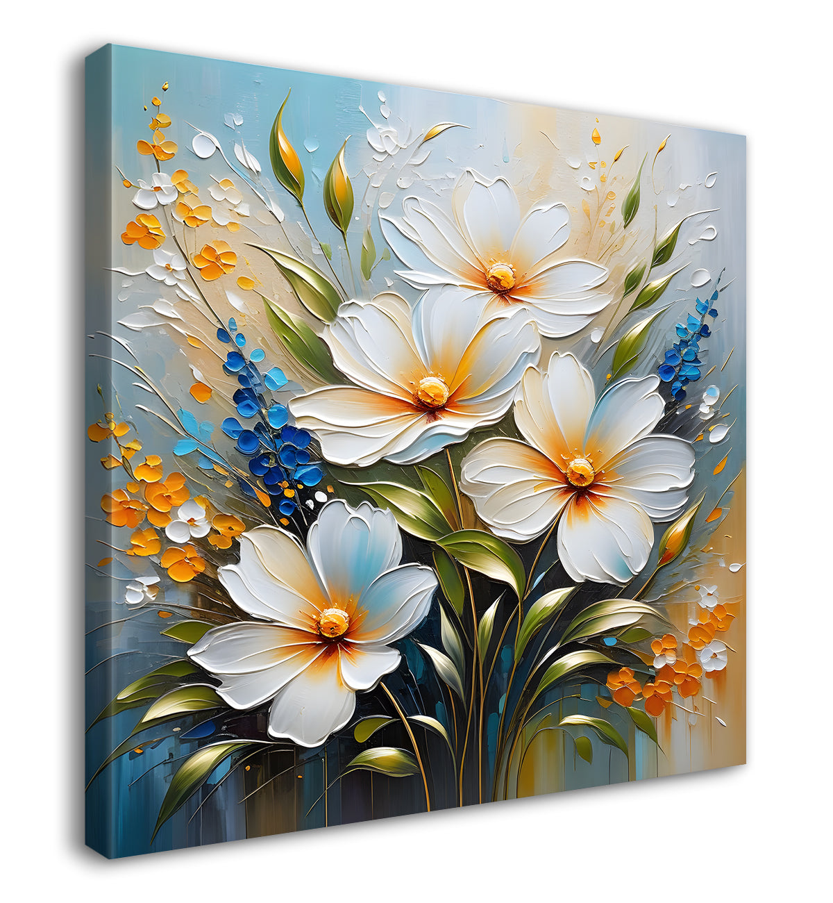 White flowers in blue background  textured painting  - Flower-S-74