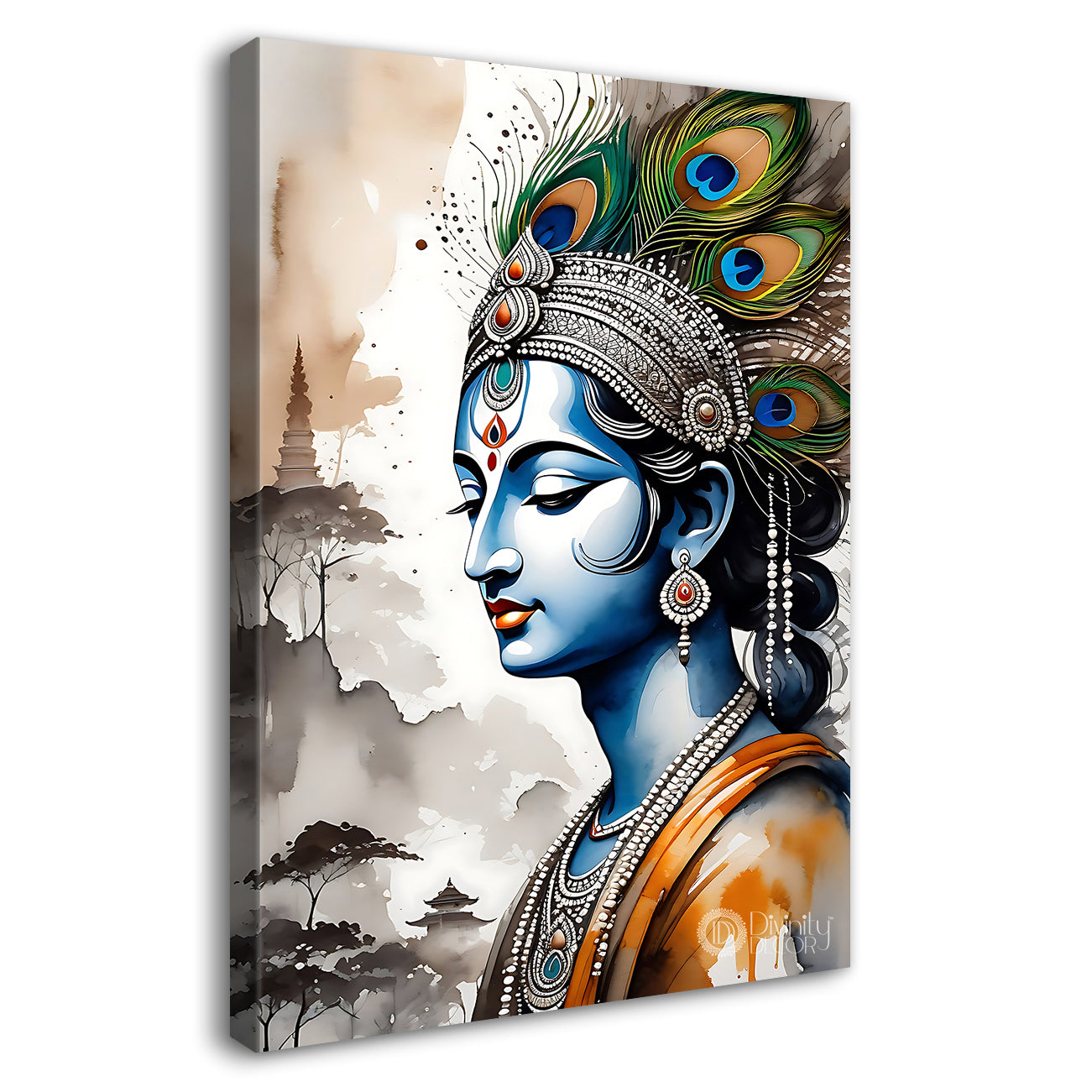 Blue face of krishna in grey and light brown water colour textured art Canvas Painting - Design - Krishna-V-74