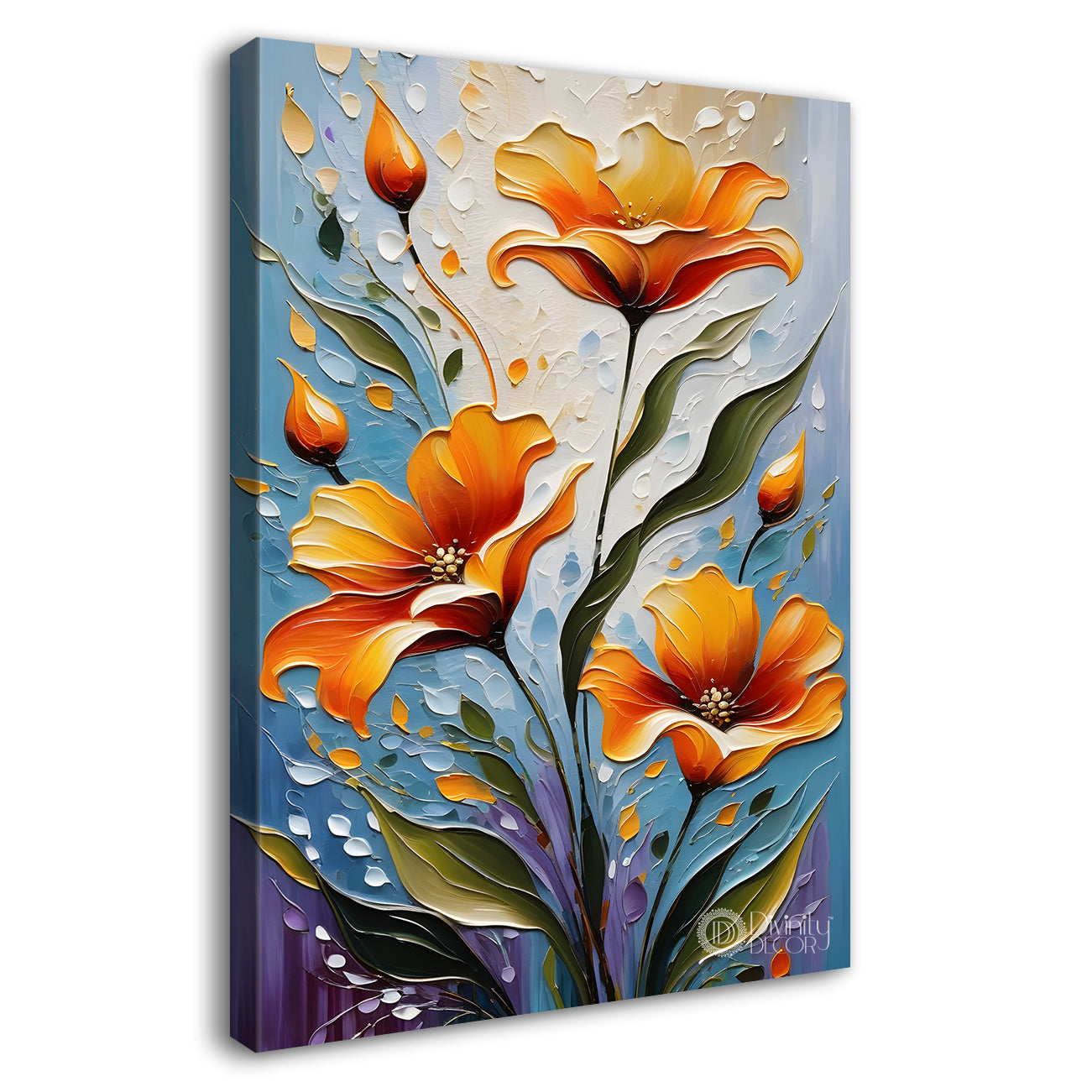 Orange flowers in blue textured background painting - Flower-V-74