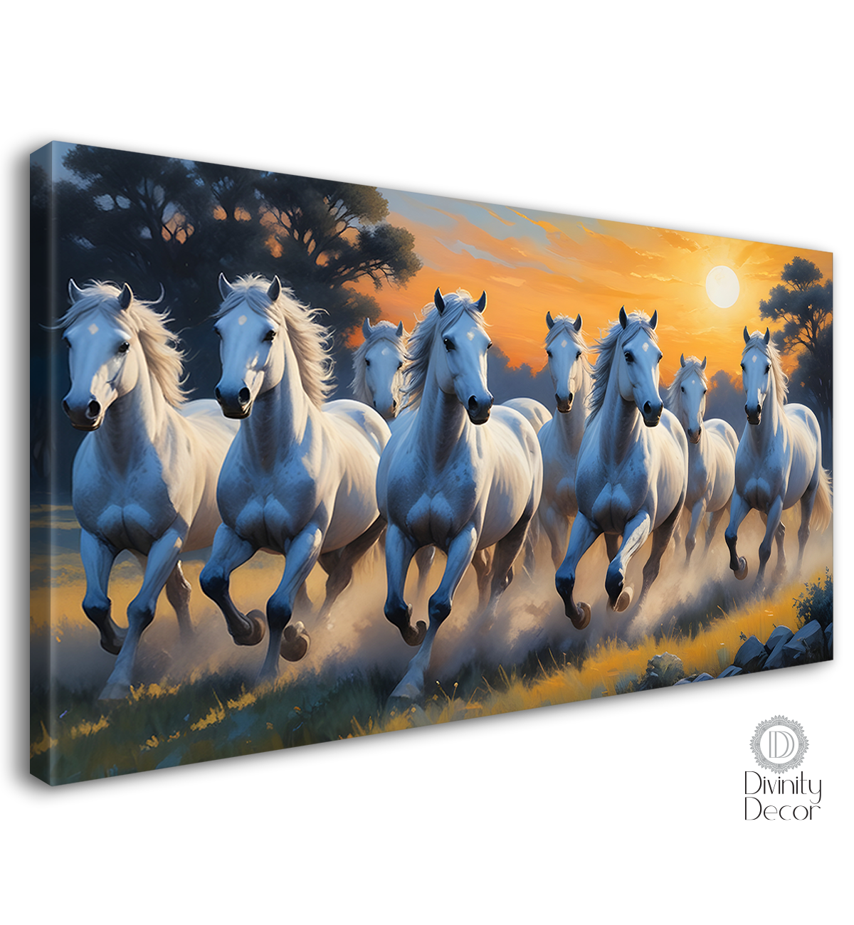 White running horses on the grass with trees and sunrise textured background art Canvas Painting - Design - Horse-75