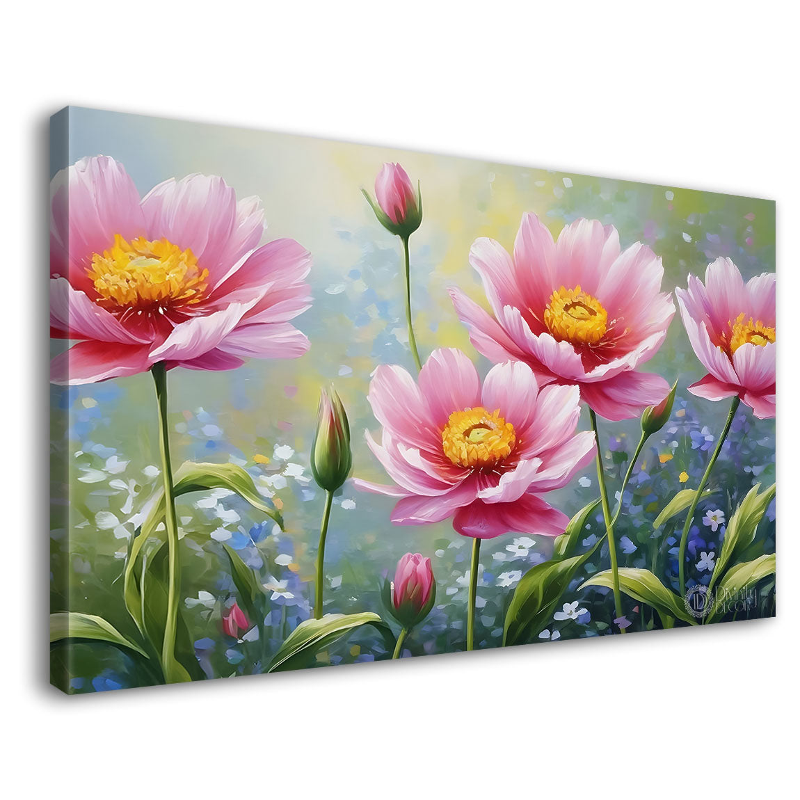Pink flowers in grey background canvas painting- Flower-752