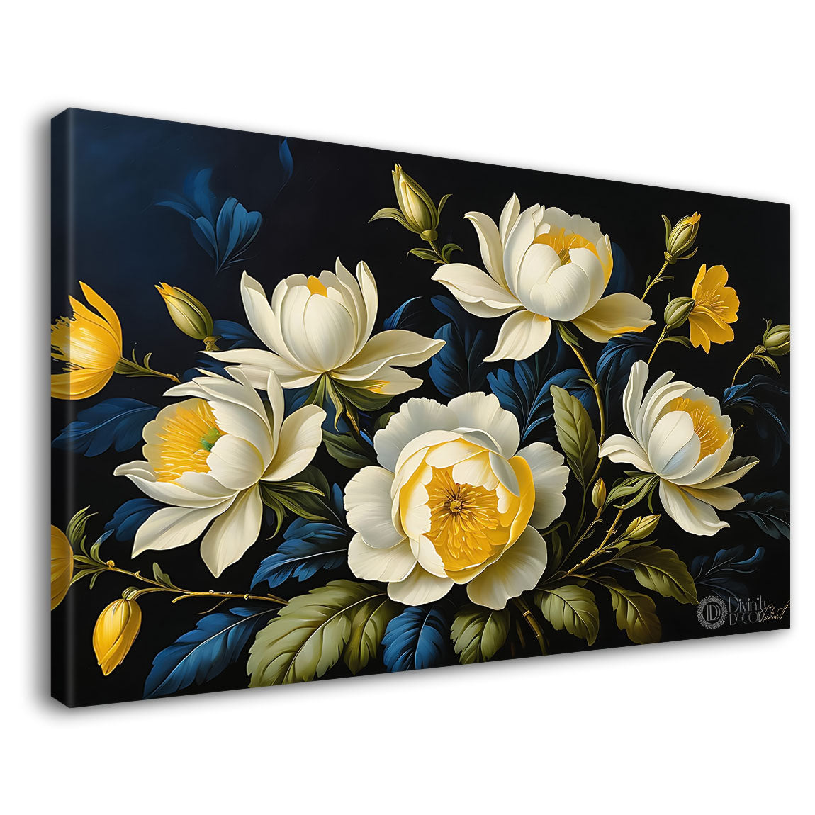 Yellow flowers in navy blue background canvas painting- Flower-753