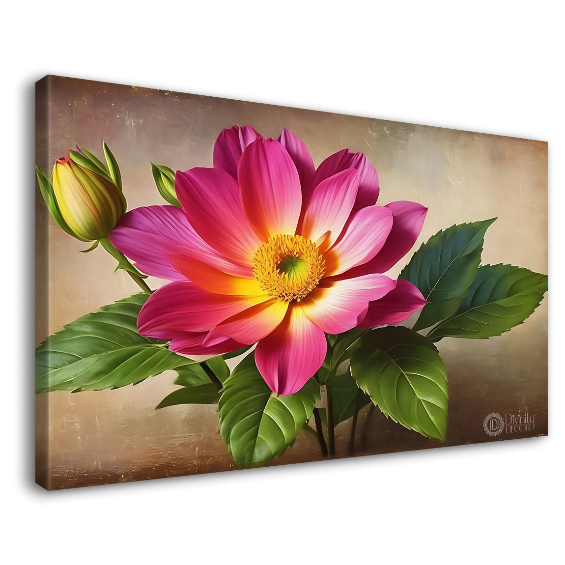 Pink flower in light brown background canvas painting- Flower-754
