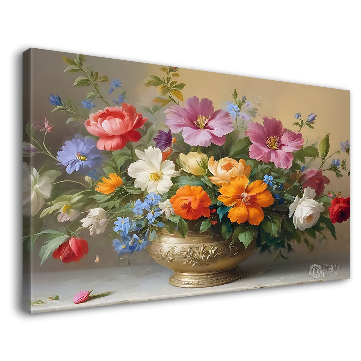 Colorful flowers in a vas in light brown background canvas painting- Flower-755