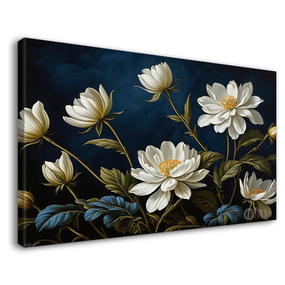 White flowers in navy blue background canvas painting- Flower-756