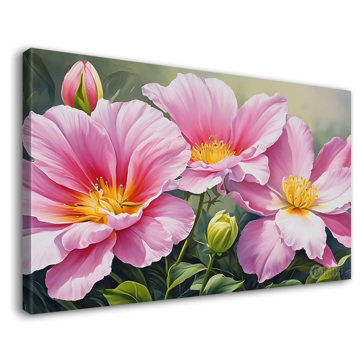 Pink flowers in grey background canvas painting- Flower-758