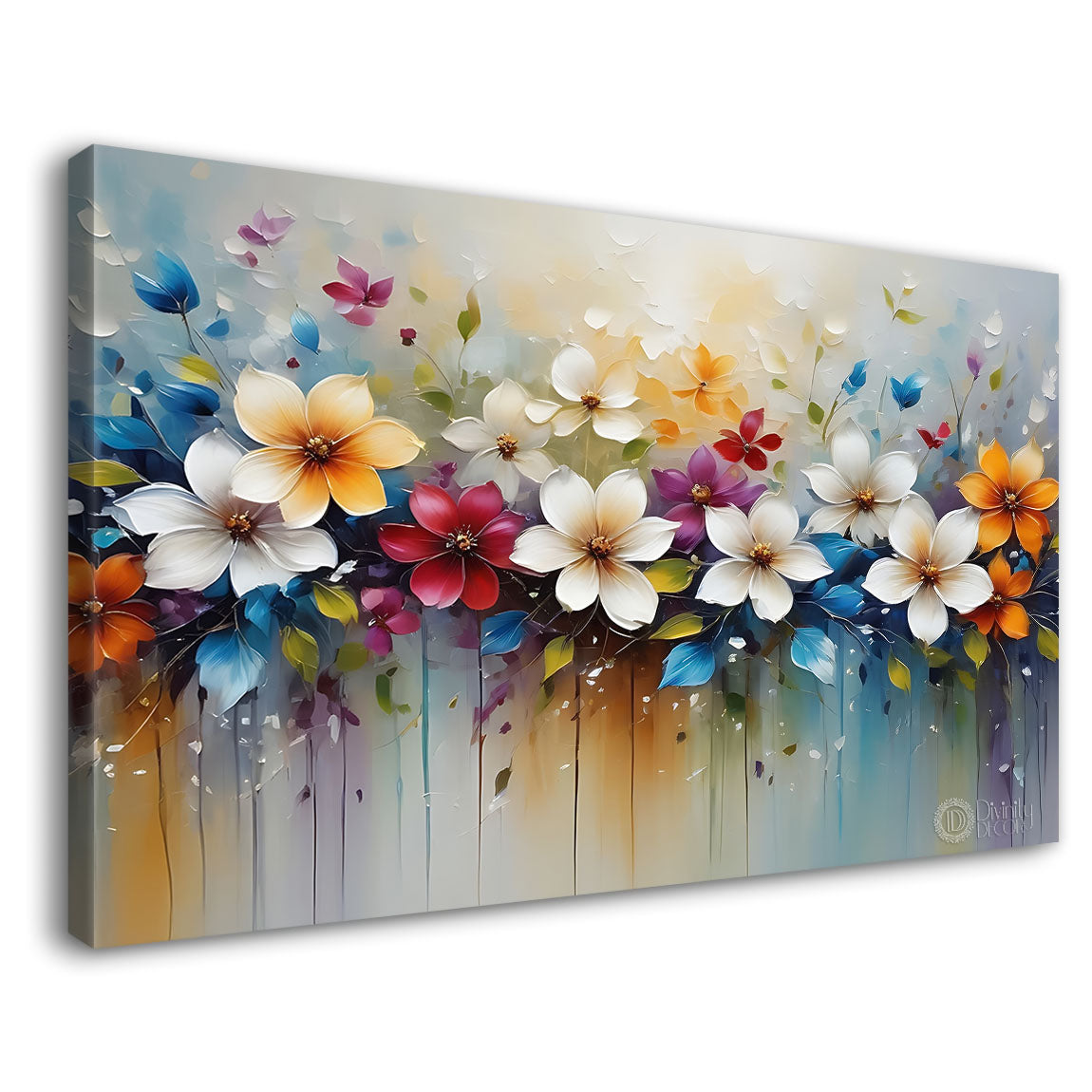 White flowers in colorful background canvas painting- Flower-759