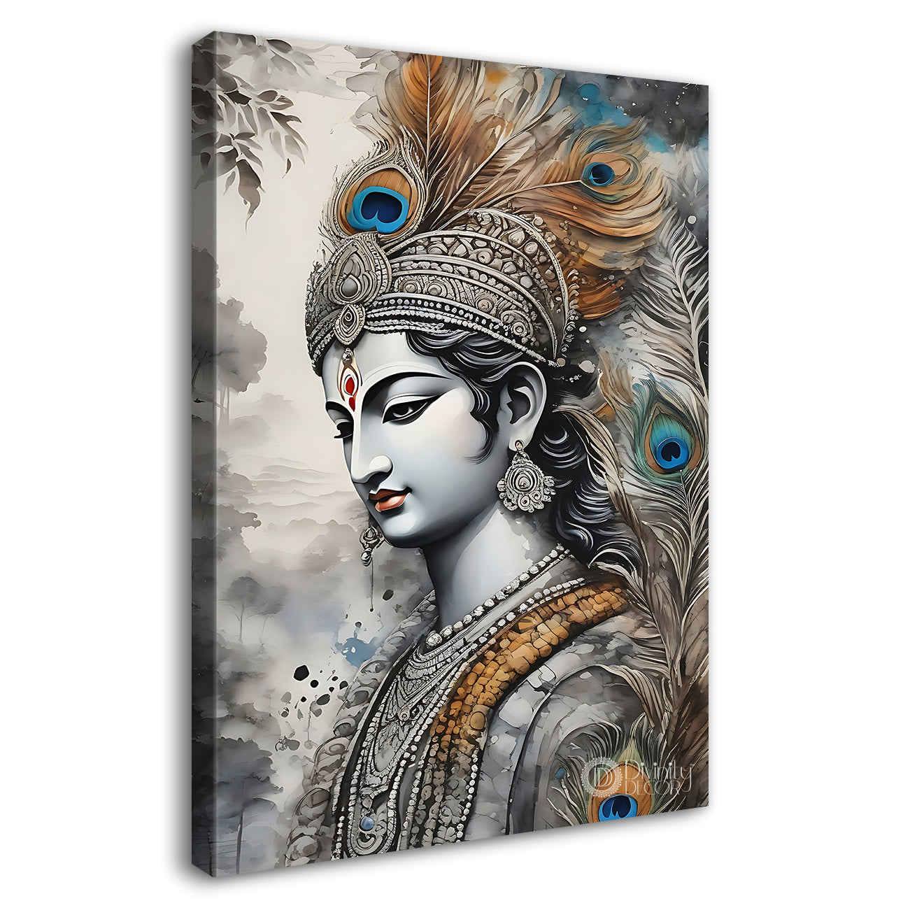 Krishna in grey and light brown water colour textured art Canvas Painting - Design - Krishna-V-75