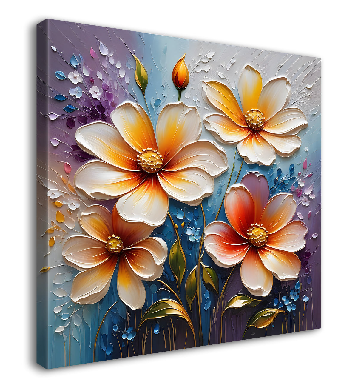 Peach flowers in blue background textured painting   - Flower-S-75