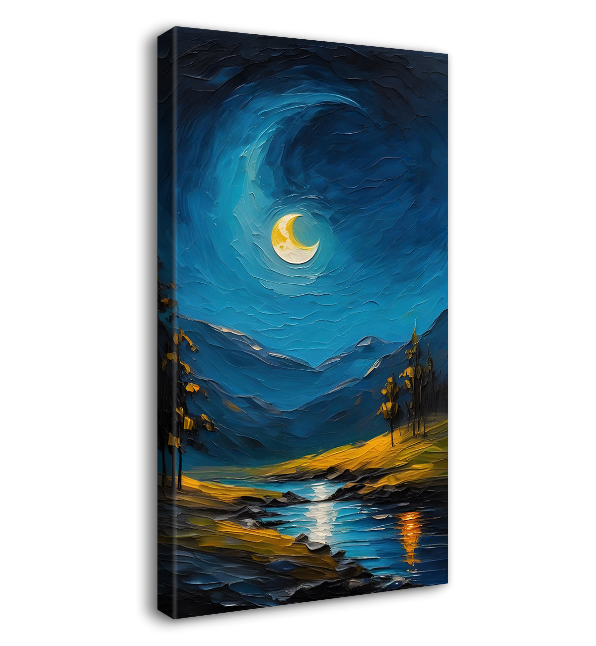 Lake with mountians in night background with moon textured painting Canvas Painting - Nature Art -V-75