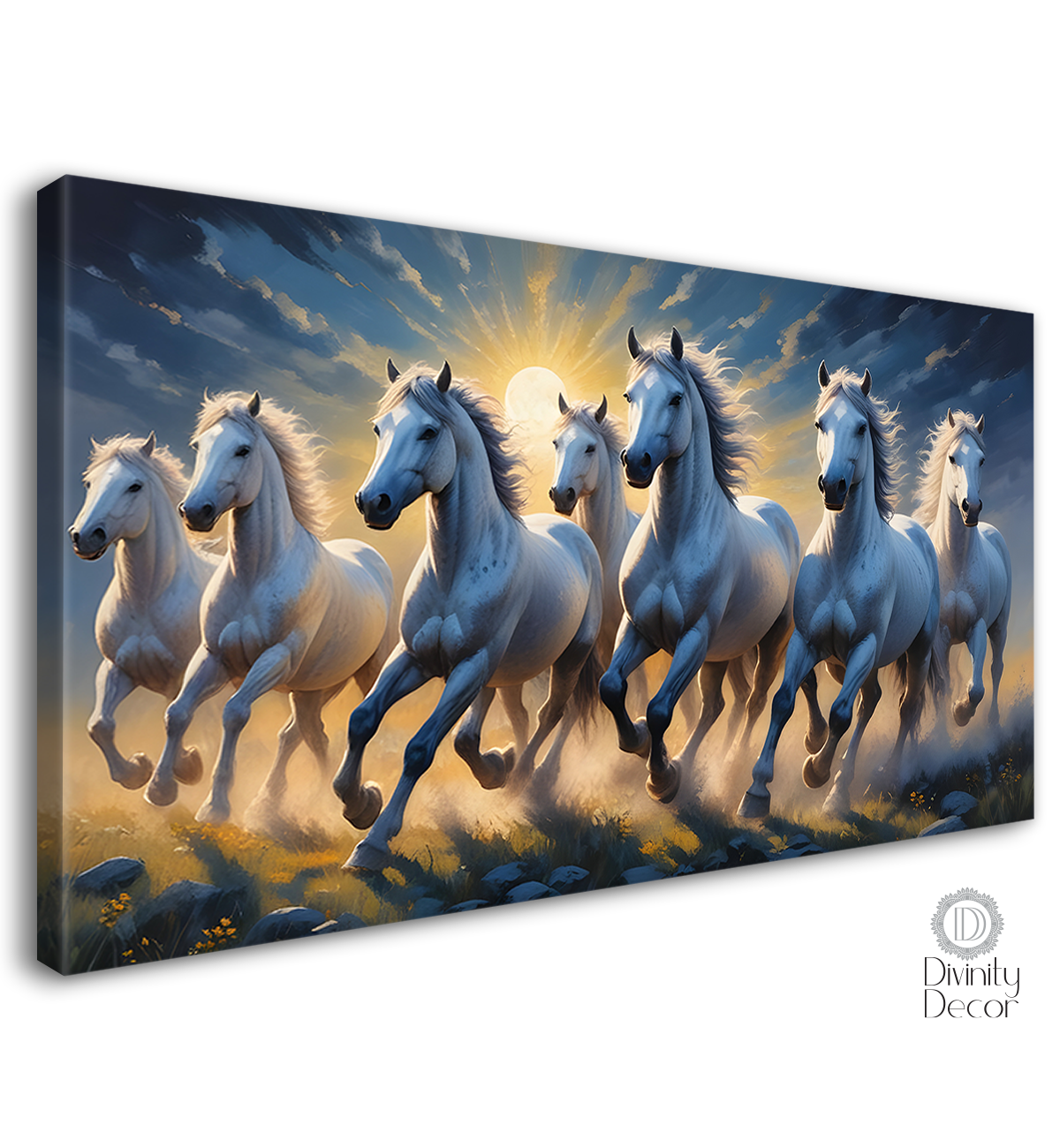 White running horses with sunset and blue textured background art Canvas Painting - Design - Horse-76