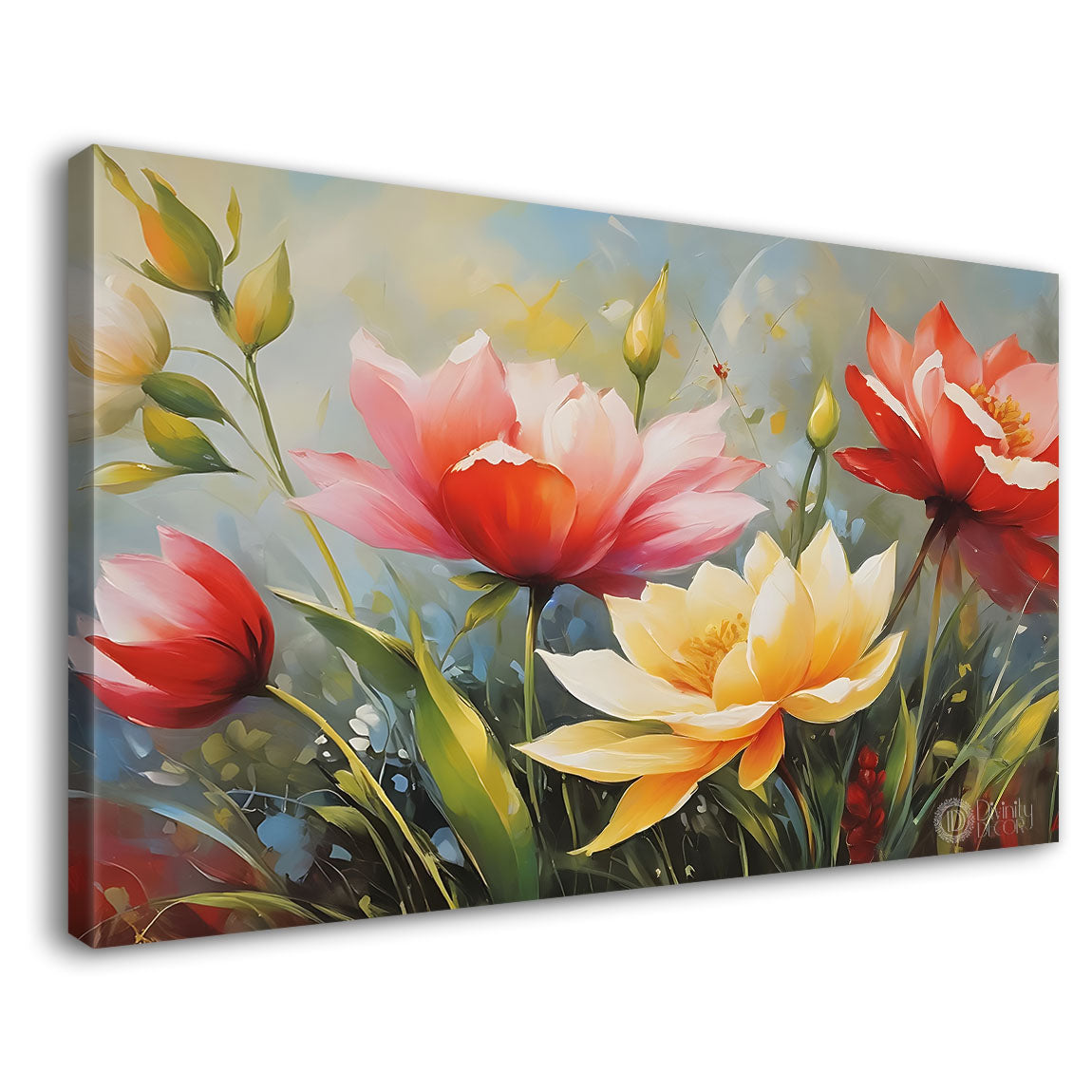 Pink and white flowers in grey background canvas painting- Flower-760