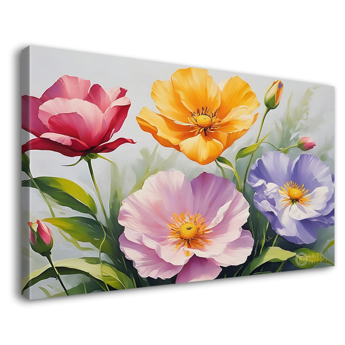 Colorful flowers in grey background canvas painting- Flower-761