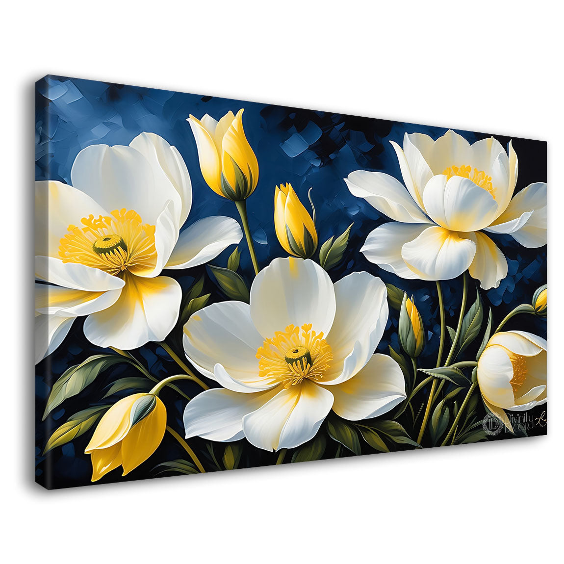 White flowers in navy blue background canvas painting- Flower-762