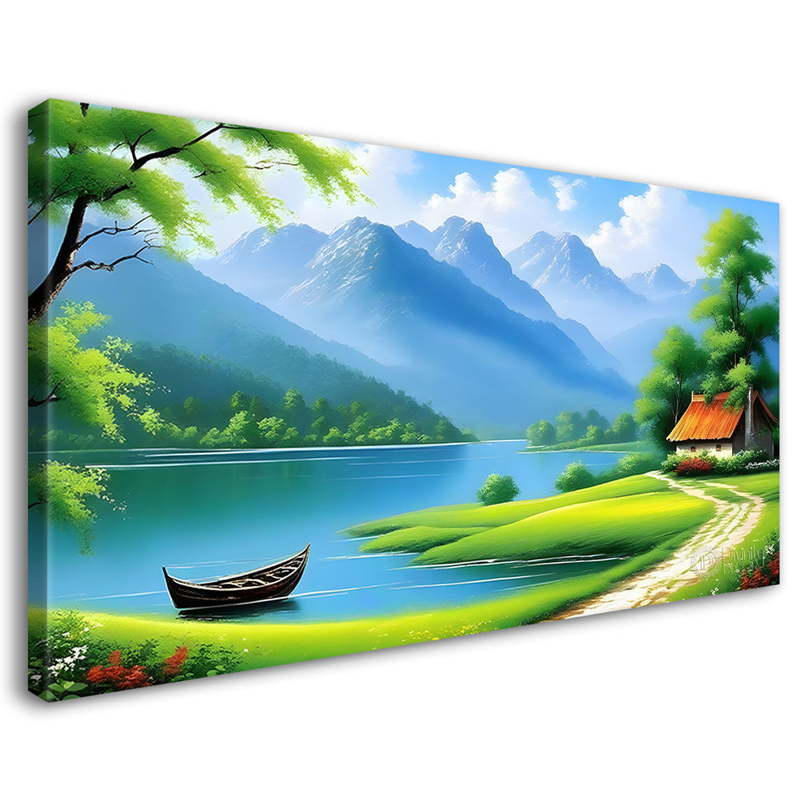 Mountains with the greenery, boat and house painting Canvas Painting - Nature Art -762
