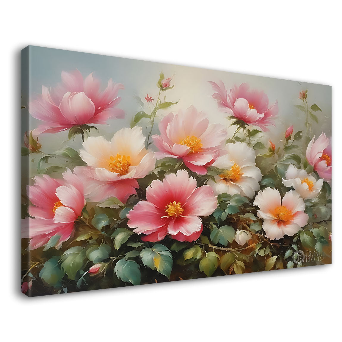 Pink flowers in grey background canvas painting- Flower-763