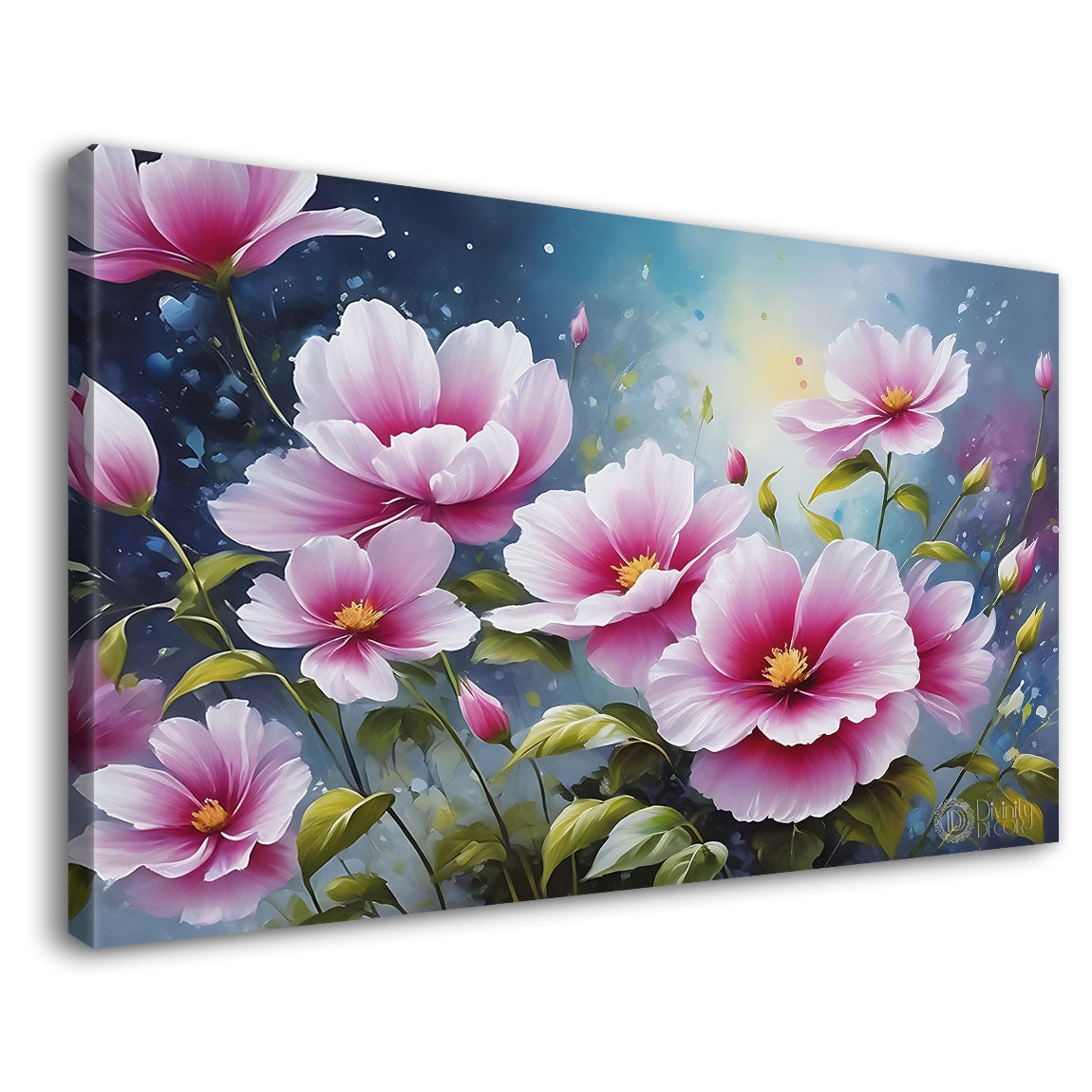 Pink flowers in blue background canvas painting- Flower-764