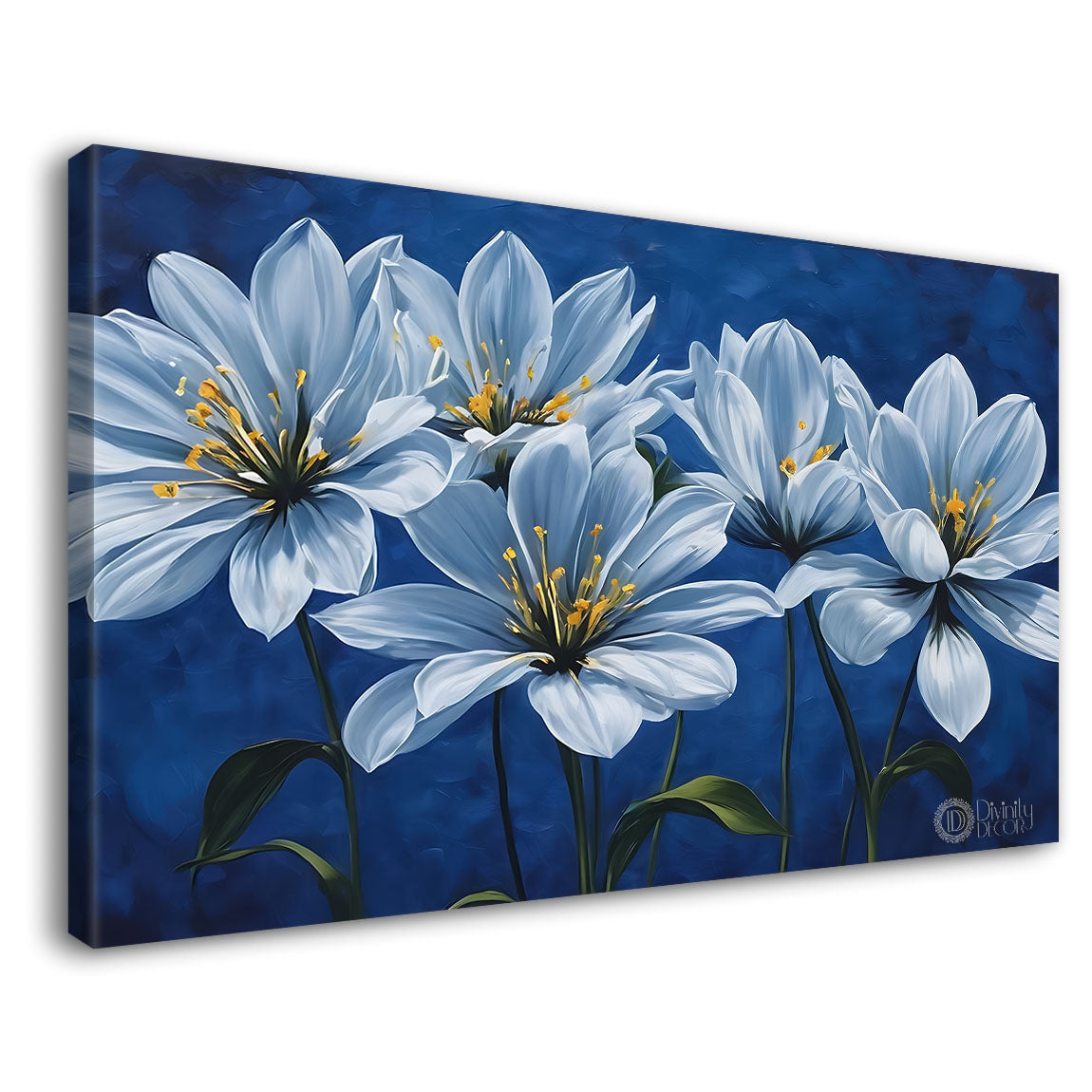White flowers in navy blue background canvas painting- Flower-765